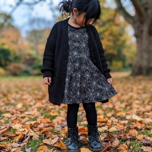 A young girl standing in an autumn park, wearing a black knit cardigan over a black and white spiderweb-patterned dress, black tights, and black boots on a ground covered in fallen leaves.