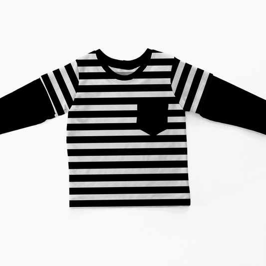 Black and white layered t-shirt, with main print striped, long-sleeves black. 