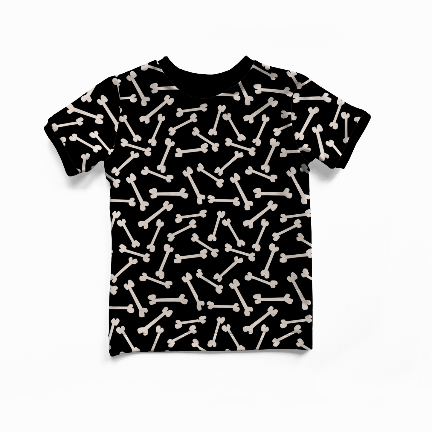 Black t-shirt with white bone pattern on a white background