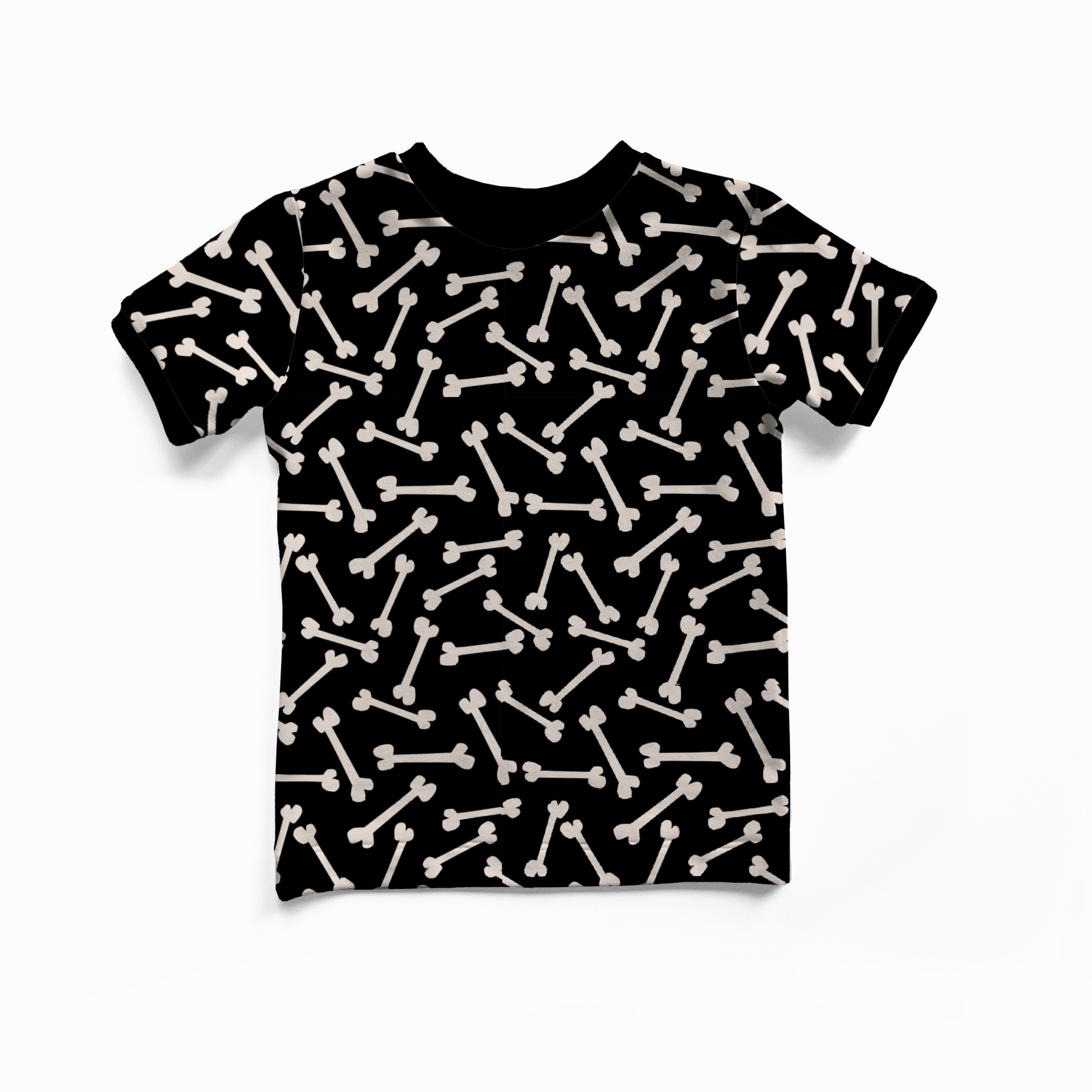 Black t-shirt with white bone pattern on a white background