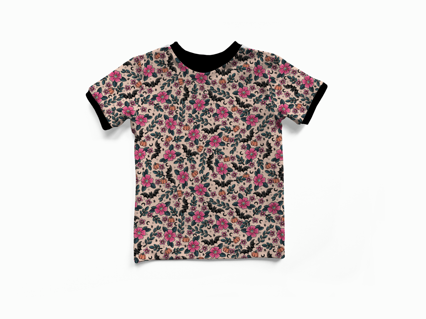 Short Sleeves T-shirt - Bunnies, Bones and Bloom - Blush and Bats