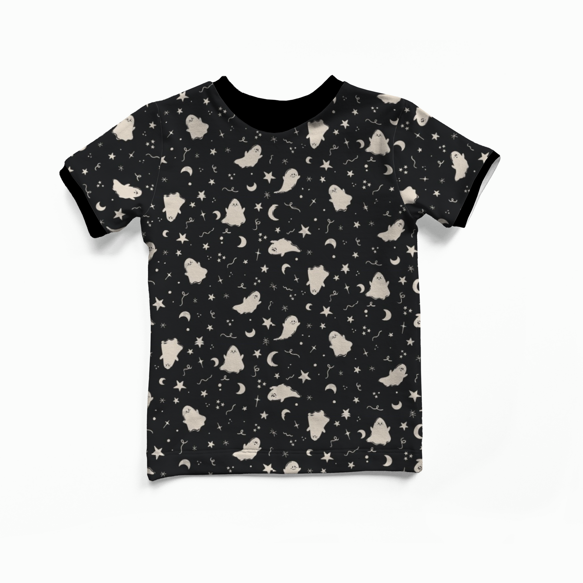 Black t-shirt with white ghosts, moons and stars pattern on a white background