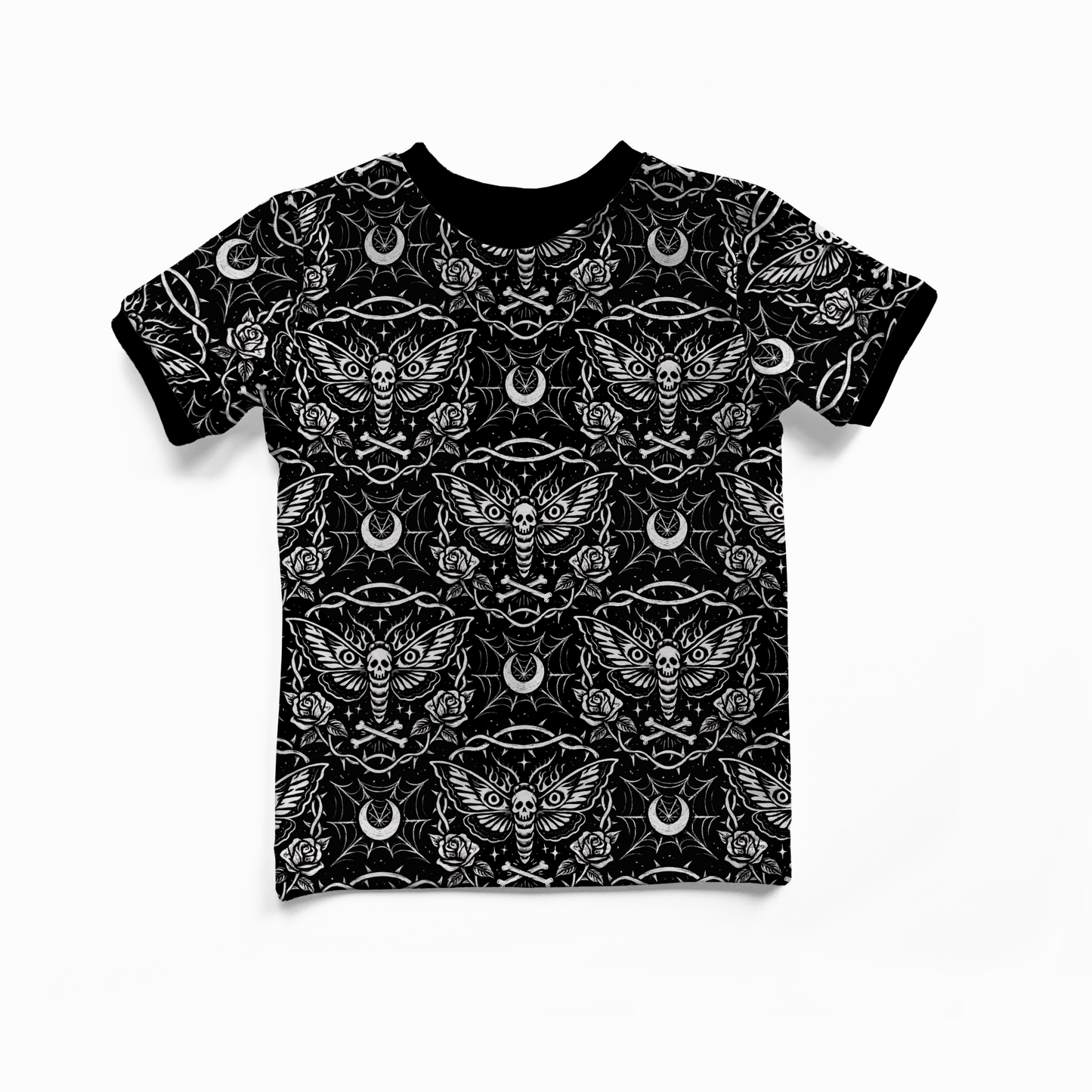 Black t-shirt with white pattern featuring dead head oth, moons, spiderwebs, bones. Black neckband, black sleeve bands. Handmade by My Spooky Baby 