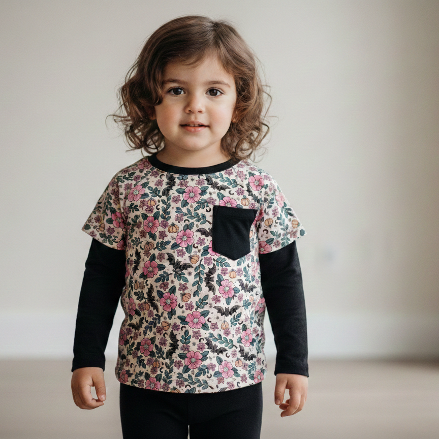 Layered T-shirt - Bunnies, Bones and Bloom - Blush and Bats