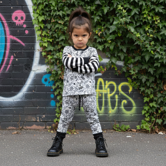 Goth kid wearing a black and white striped shirt and white joggers with spooky cute designs on it, in front of a graffiti-covered wall.