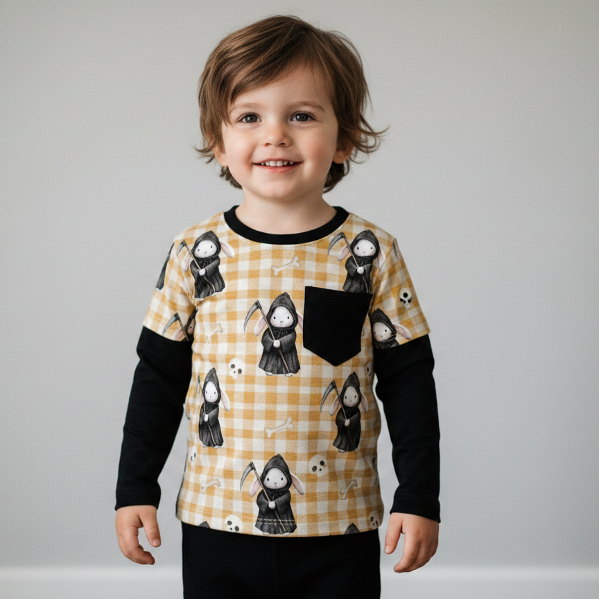 Layered T-shirt - Bunnies, Bones and Bloom - Gingham Grim