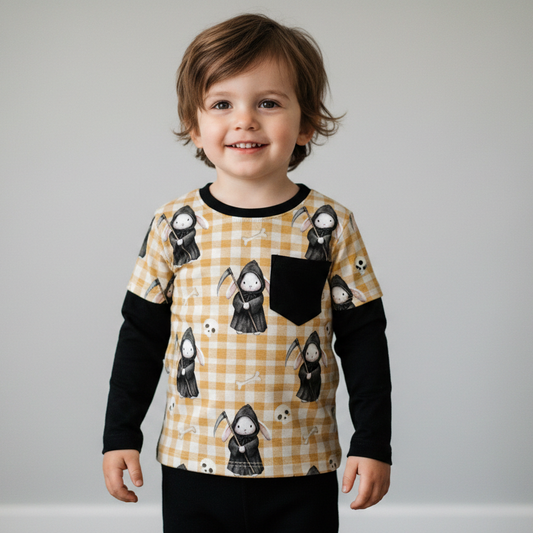 Layered T-shirt - Bunnies, Bones and Bloom - Gingham Grim