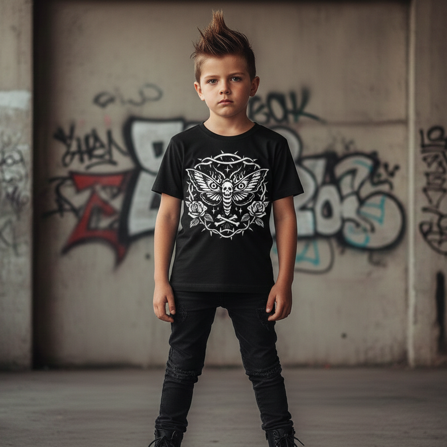 Child wearing a black t-shirt with a white graphic design, standing in front of a graffiti-covered wall.