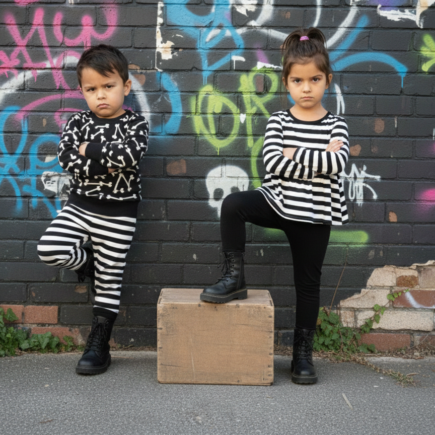 Two children in striped outfits standing against a graffiti-covered wall.