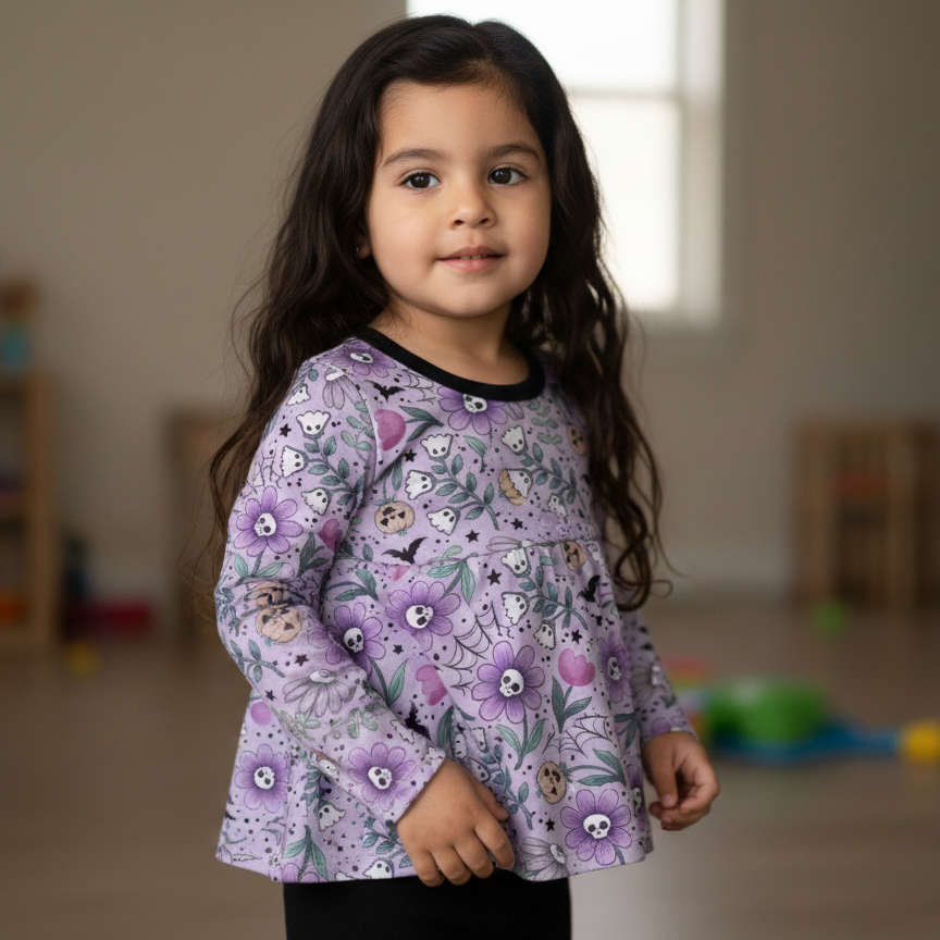 Young girl wearing a spooky purple floral long-sleeve shirt in a room with toys on the floor.