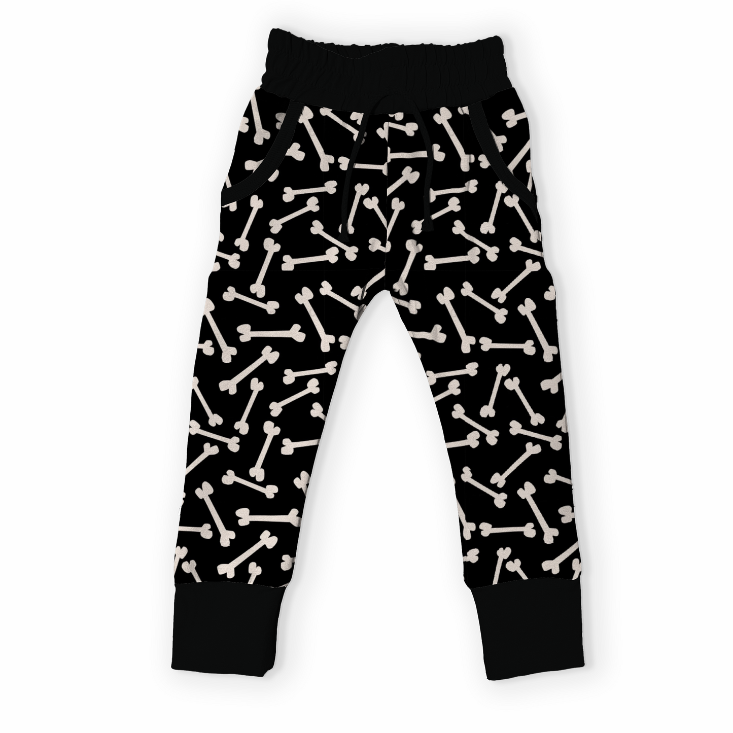 Goth kid joggers, black with white bone pattern.
