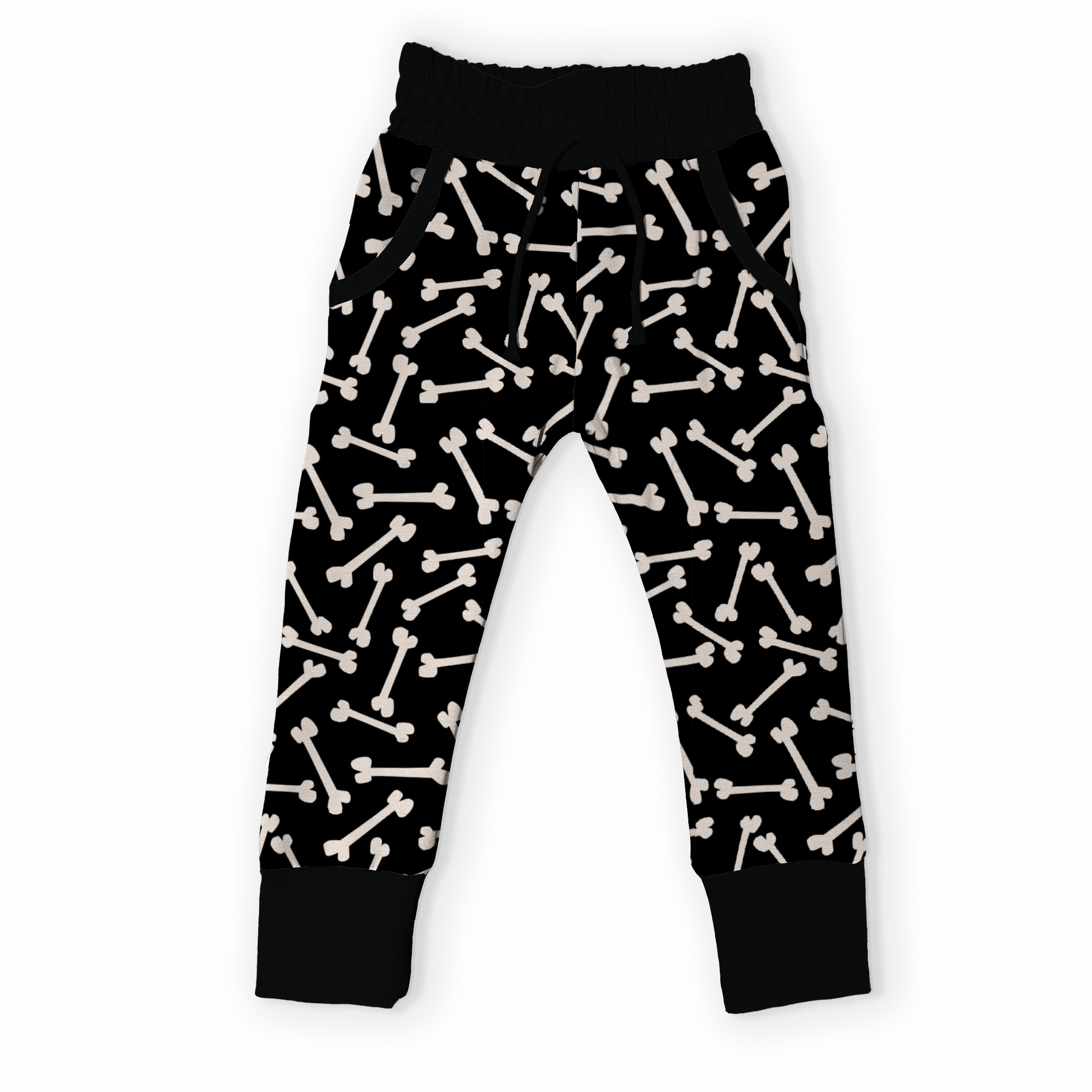 Goth kid joggers, black with white bone pattern.