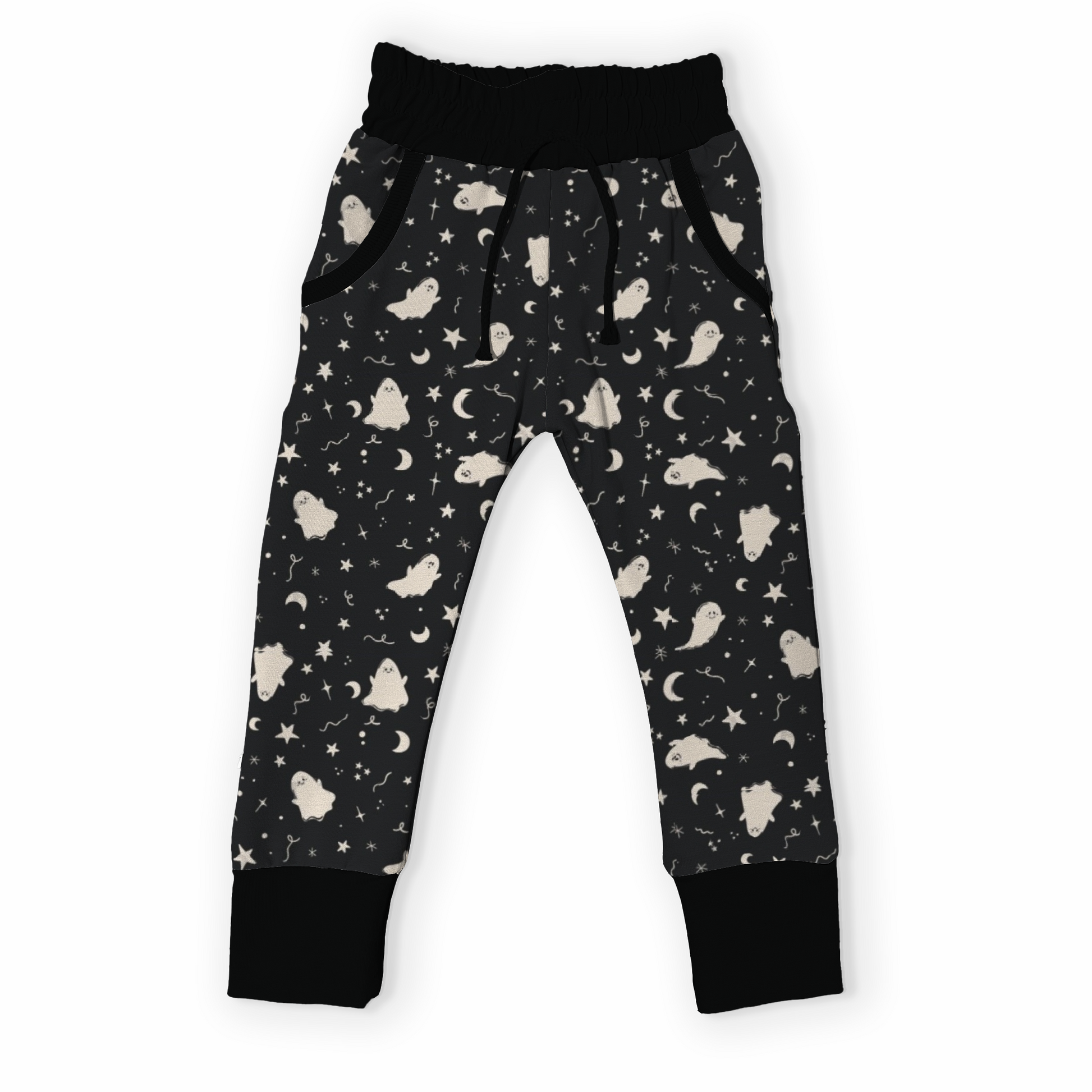 Black children's pants with white ghost and moons pattern 