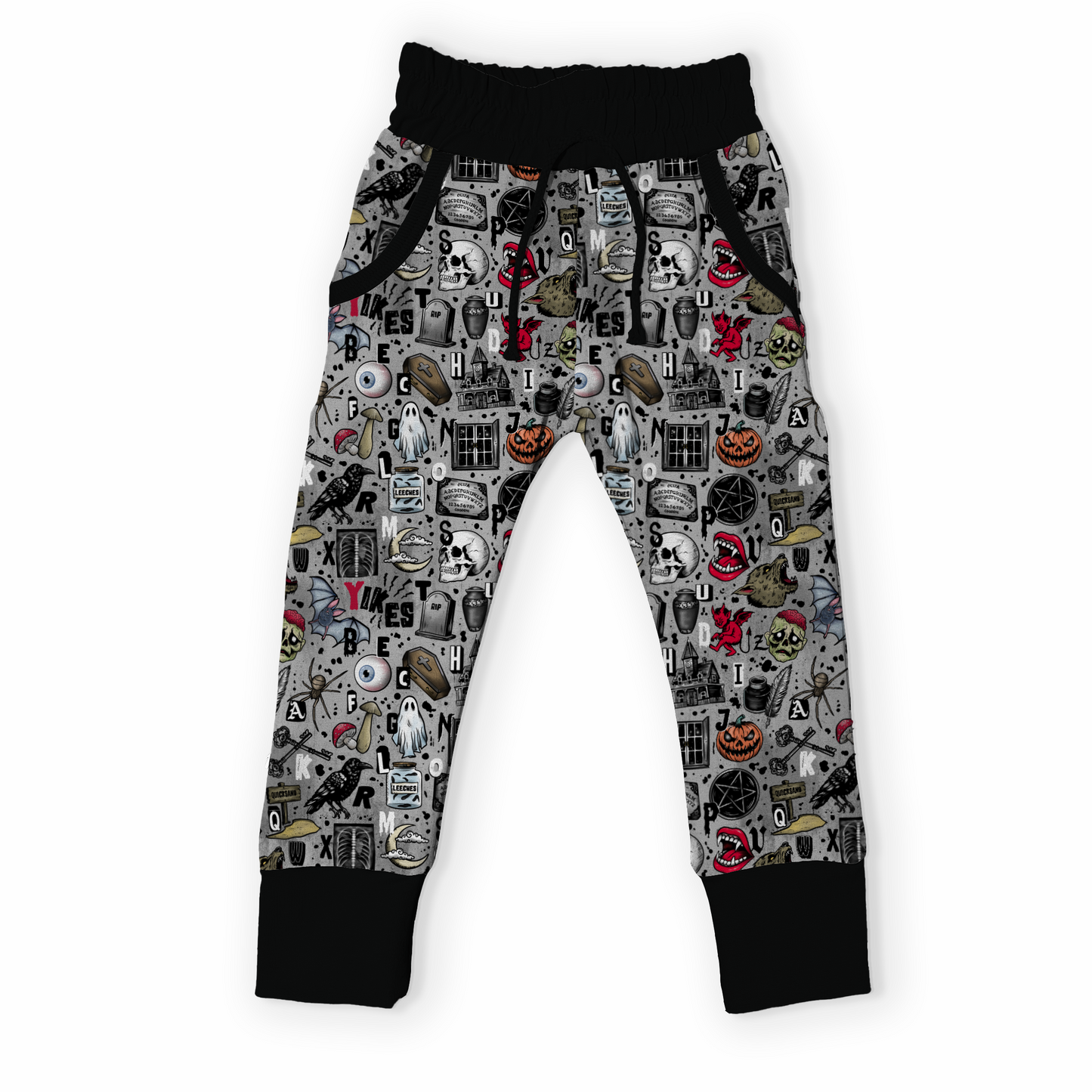 Children pants with Halloween - gothic themed pattern on a white background 