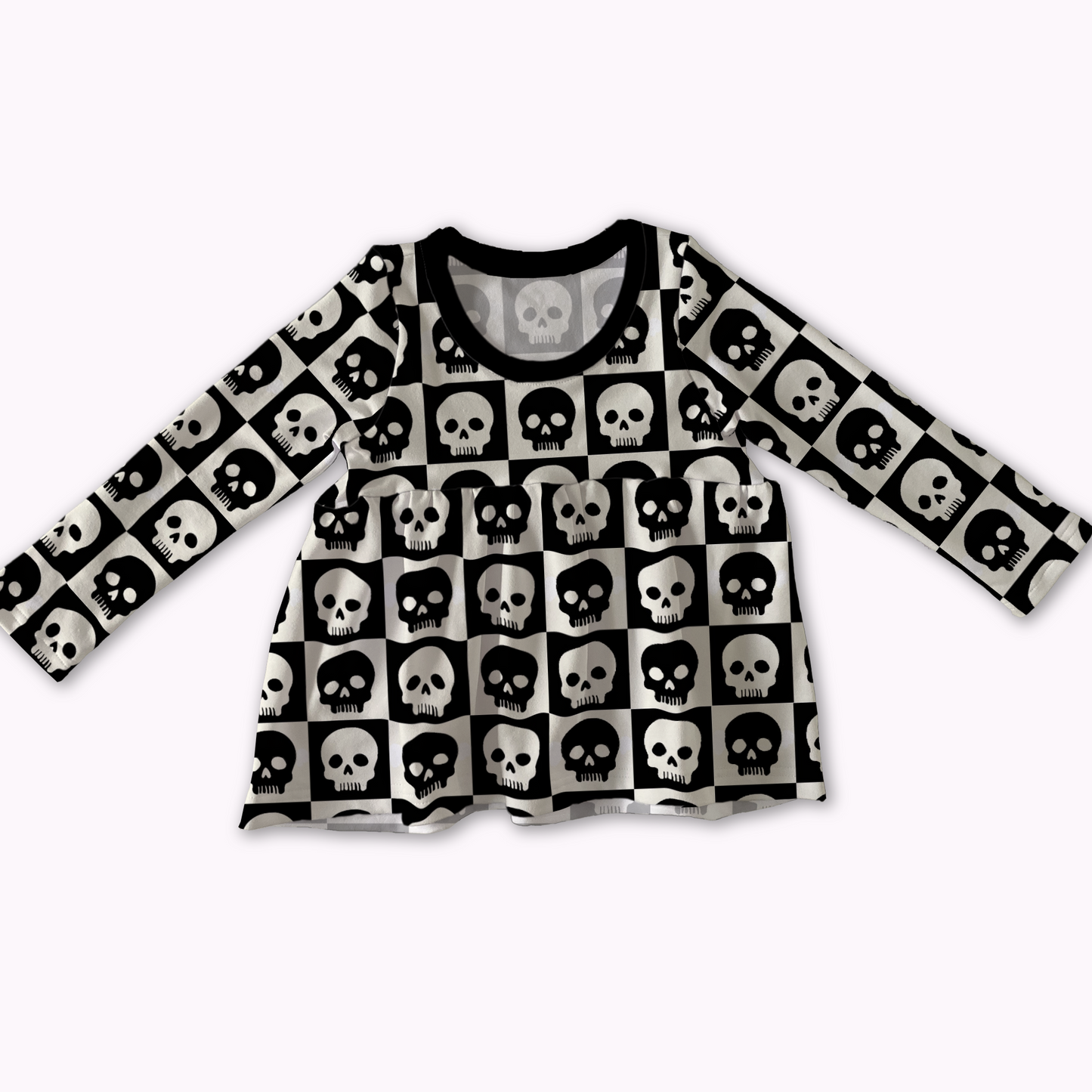 Long-sleeve shirt, black and white checkers, with skull pattern. Handmade by My Spooky baby. 