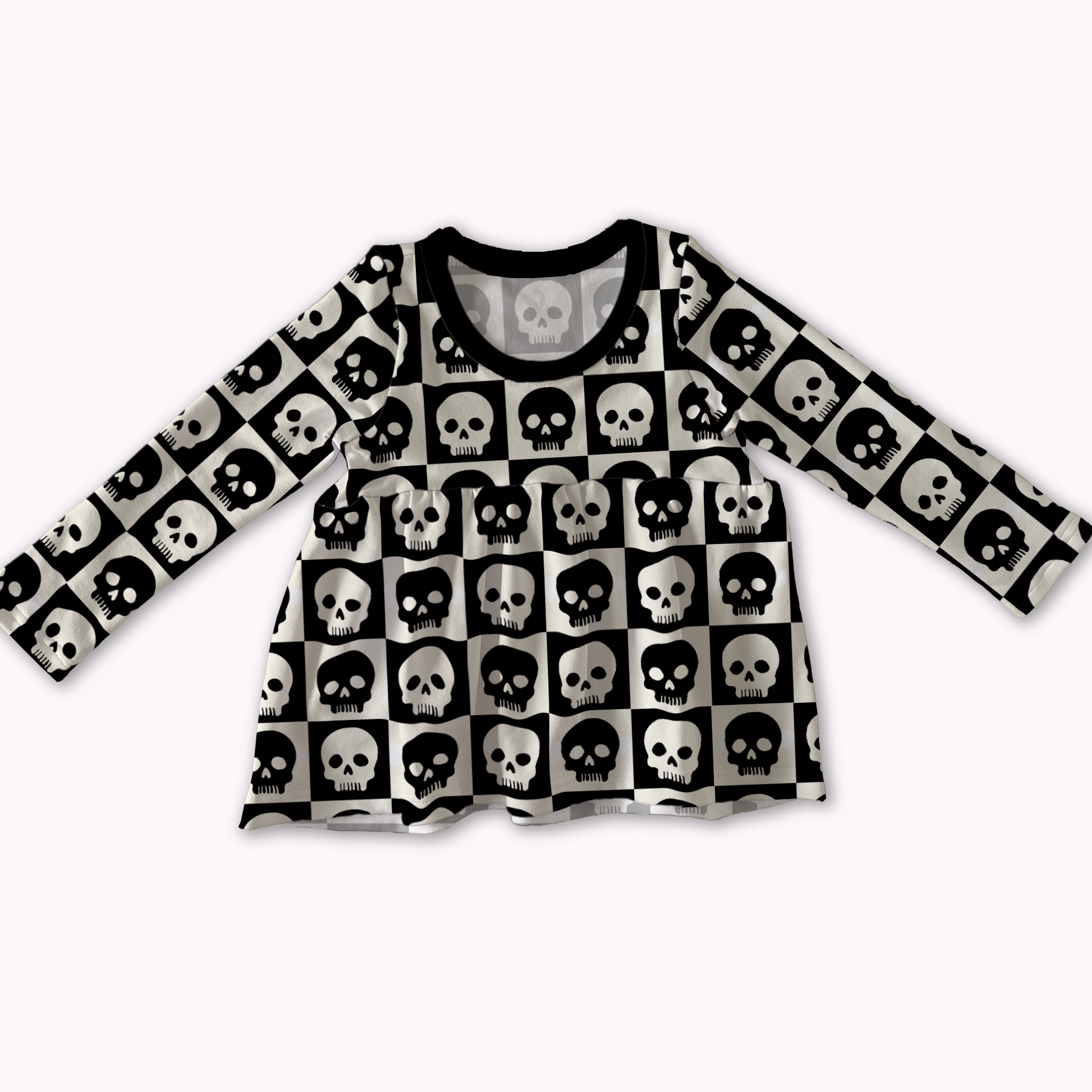 Long-sleeve shirt, black and white checkers, with skull pattern. Handmade by My Spooky baby. 