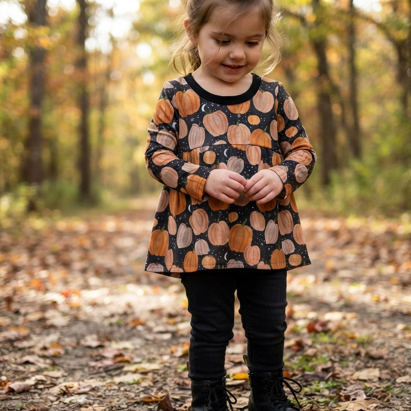 A young child standing in a wooded outdoor setting, wearing a long-sleeve black top with an orange and beige pumpkin pattern, black pants, and black boots.