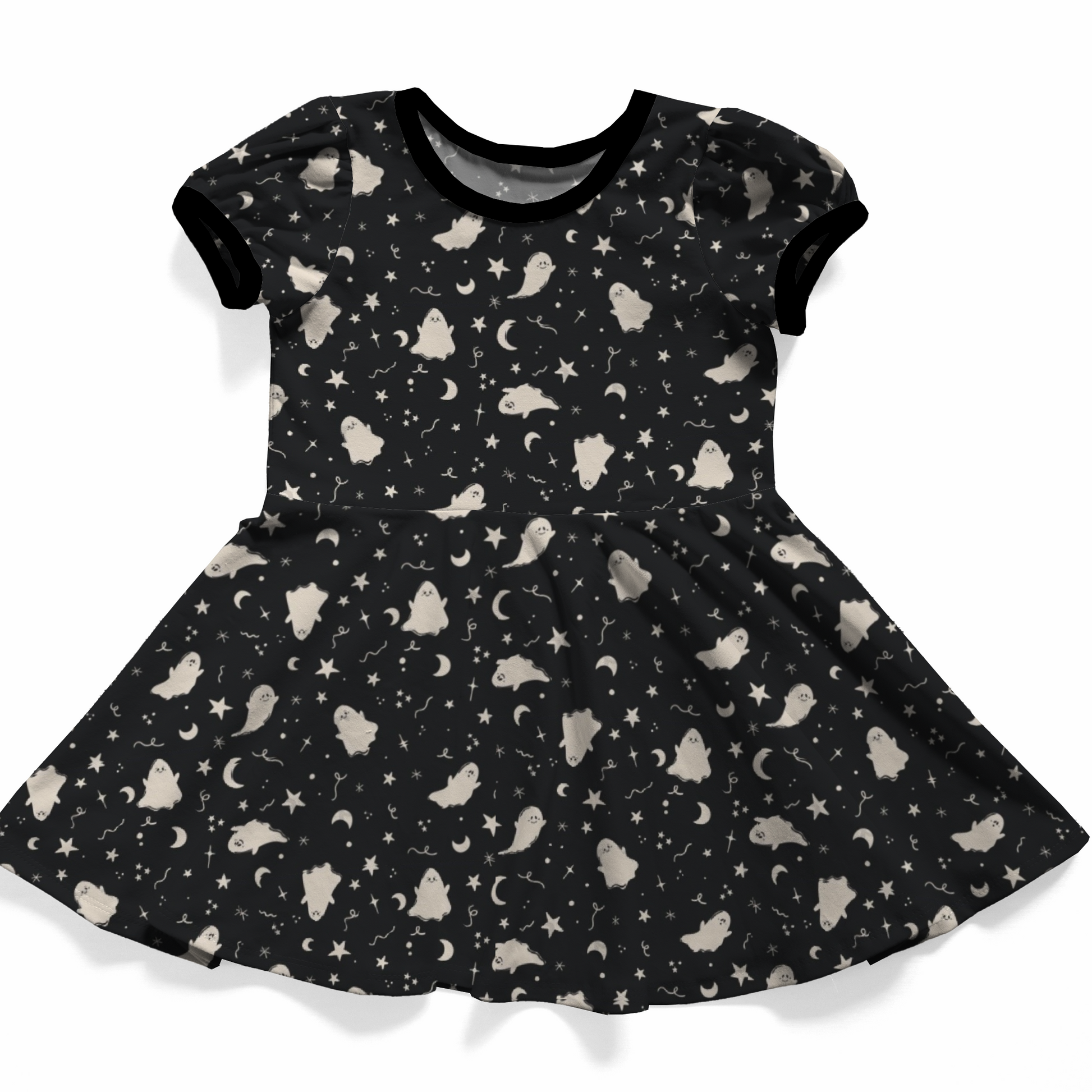 Goth baby dress black with ghosts, moons and stars in white. Black neckband and black sleeve bands. 
Handmade by My Spooky Baby. 