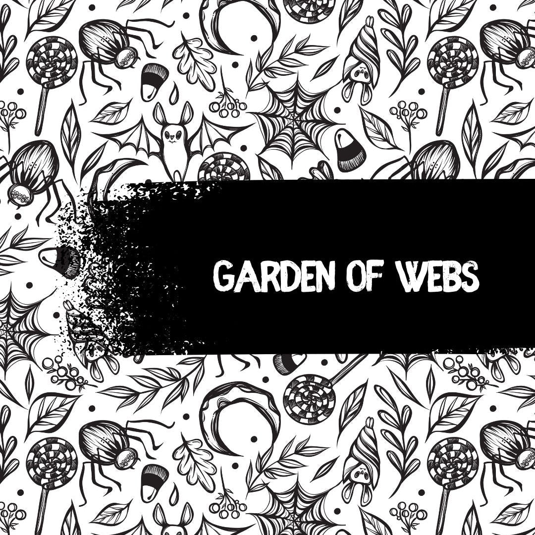Black and white patterned with 'Garden of Webs' text, featuring bats, spiderwebs, spiders, treats