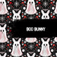 Patterned design with cartoon bunnies, hearts, and spiderwebs on a black background with 'BOO BUNNY' text.