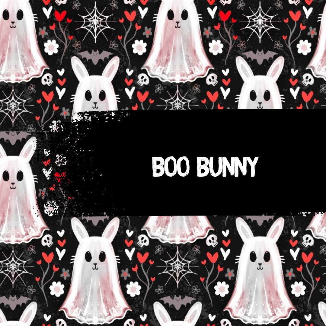 Patterned design with cartoon bunnies, hearts, and spiderwebs on a black background with 'BOO BUNNY' text.