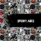 Spooky ABCs clothing print with Halloween-themed illustrations on a gray background