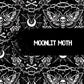 Black and white pattern with moths, roses, and 'Moonlit Moth' text.