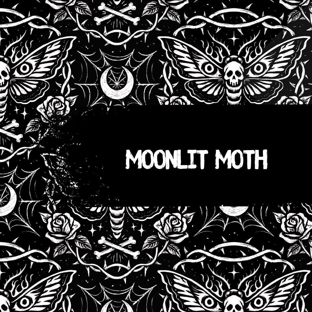 Black and white pattern with moths, roses, and 'Moonlit Moth' text.