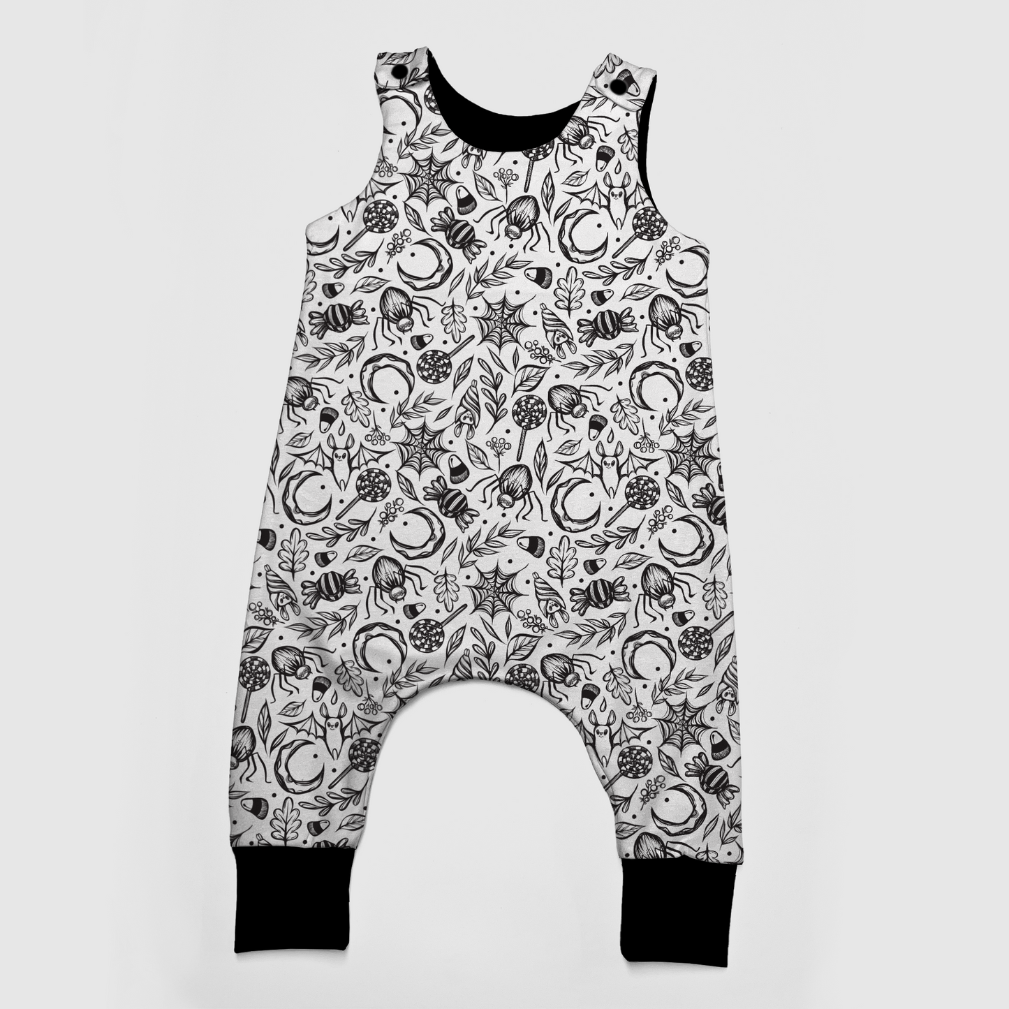 Back to Black Collection romper by MySpookyBaby in Garden of Webs print, black with white gothic designs, bats, spiderwebs, spiders, moon