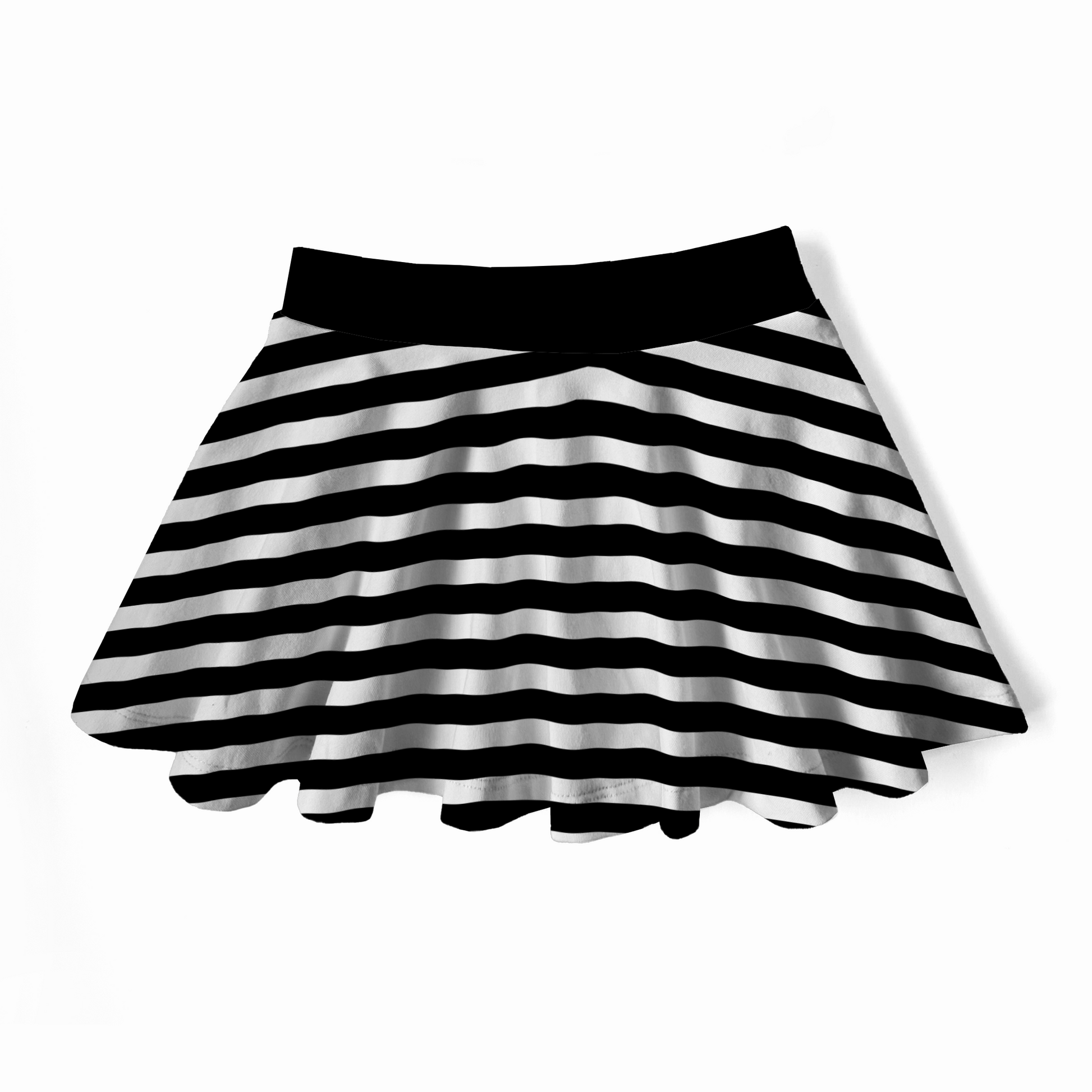 Black and white striped twirly skirt with a black waistband. Skirt will be gathered to preserve the print integrity. 