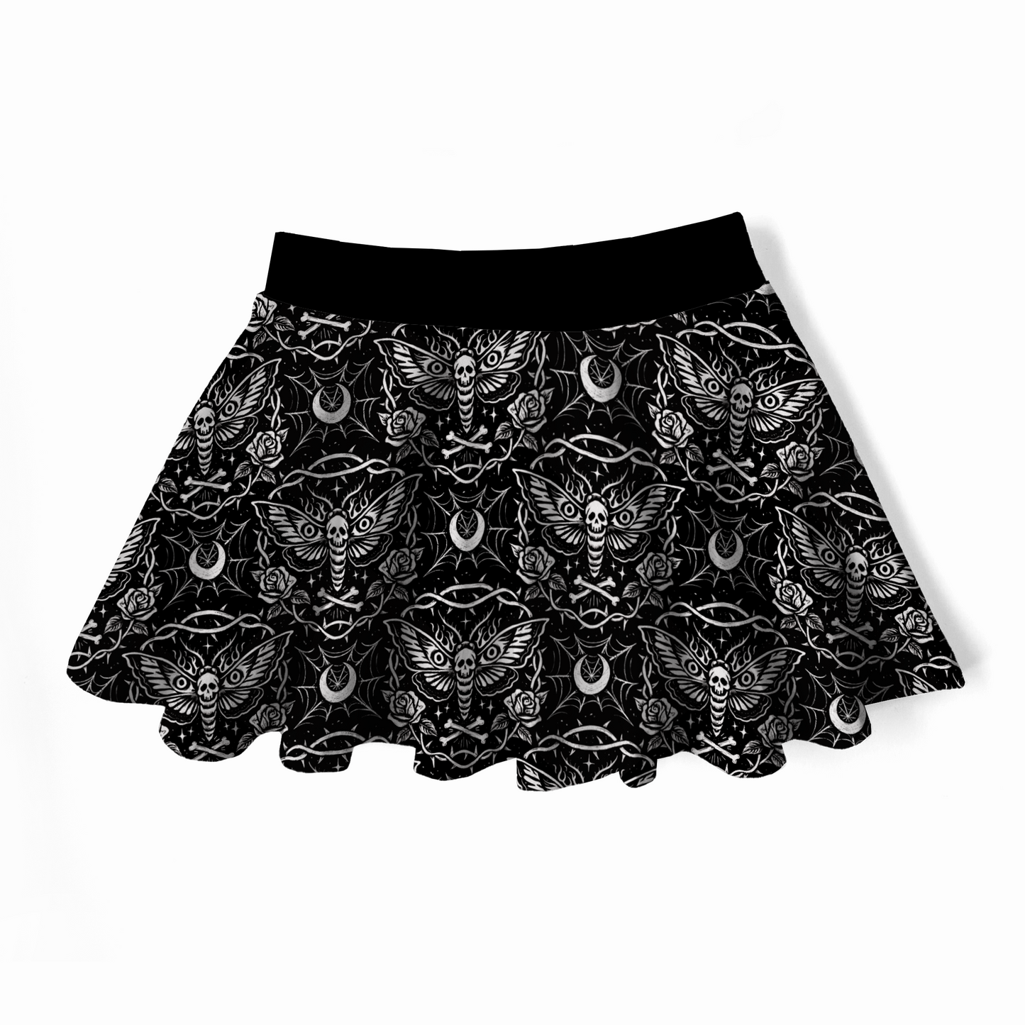 Goth twirly skirt, black with white designs : dead head moth, roses, bones, spiderwebs and moons. 