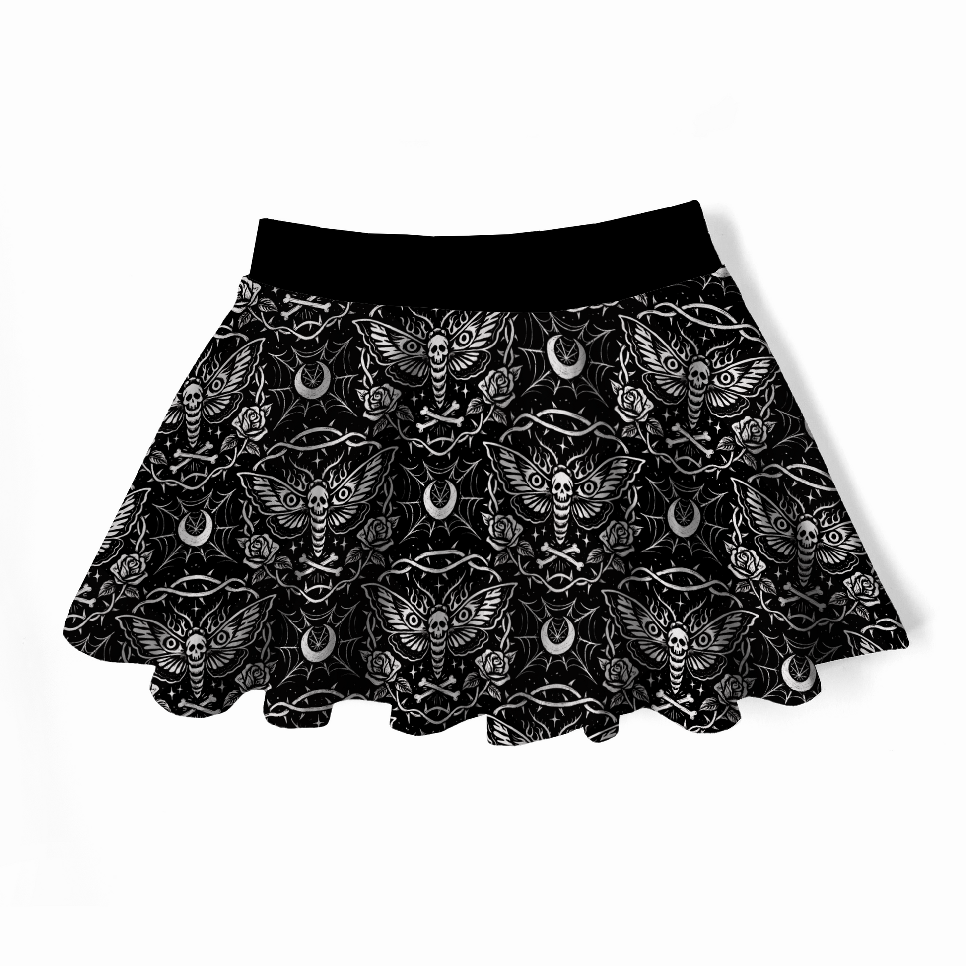 Goth twirly skirt, black with white designs : dead head moth, roses, bones, spiderwebs and moons. 