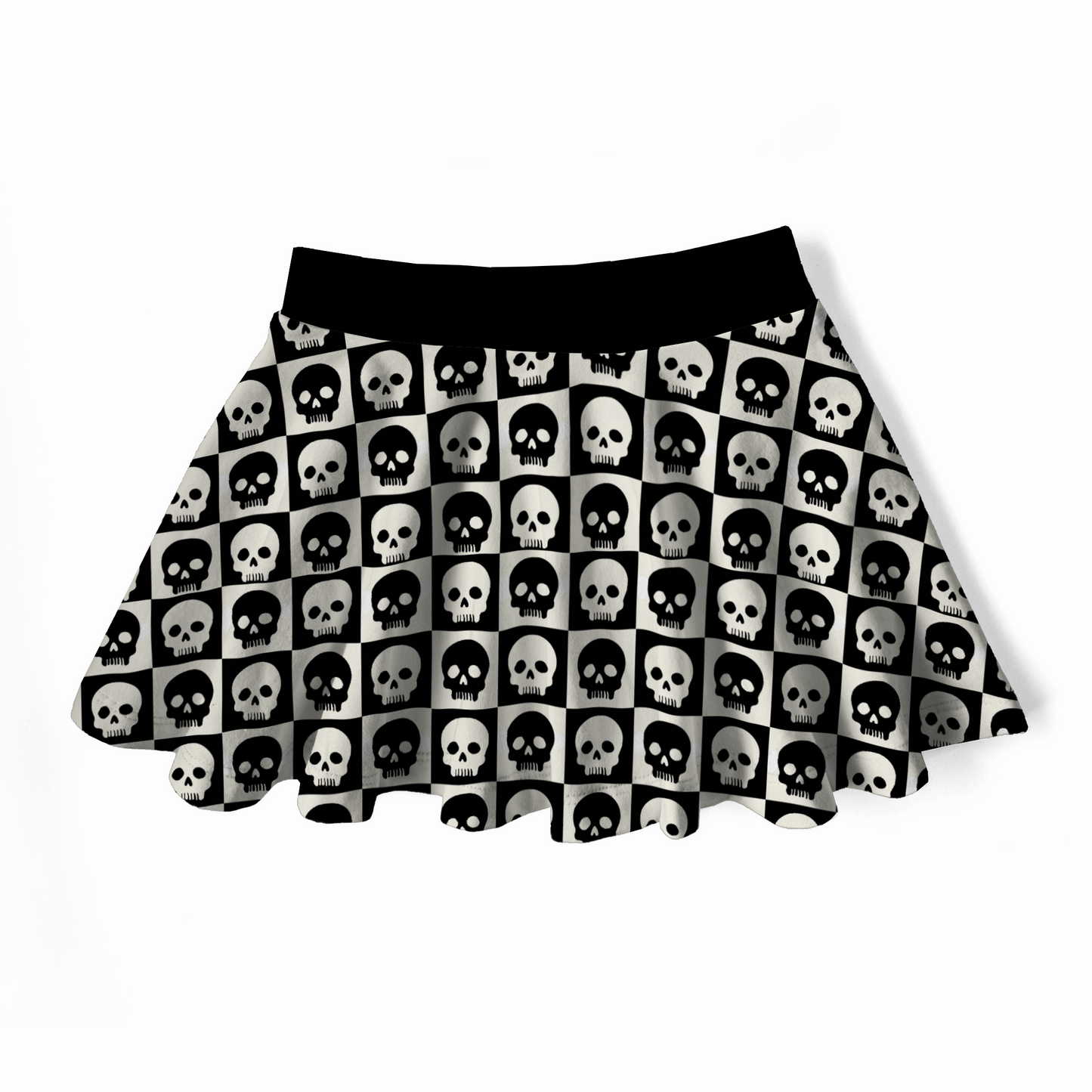 Skirt with black and white skull checkered pattern on a white background