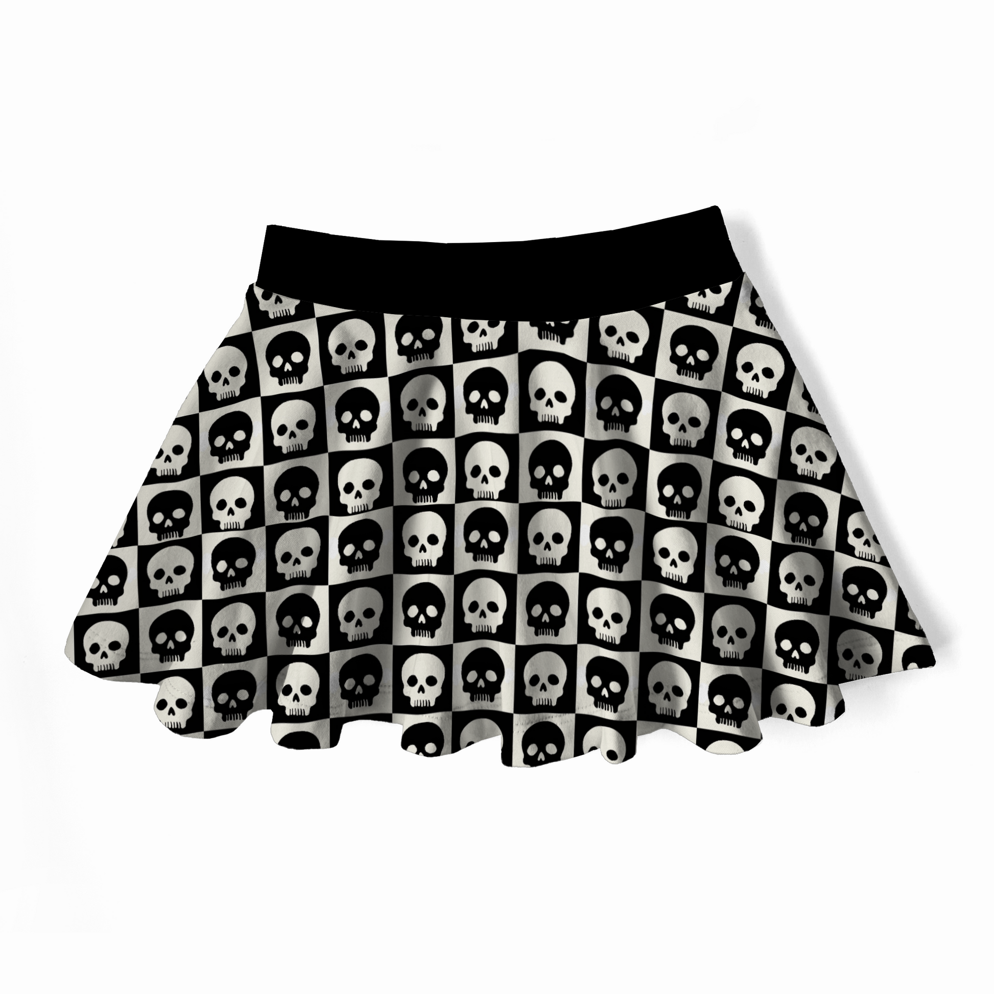 Skirt with black and white skull checkered pattern on a white background