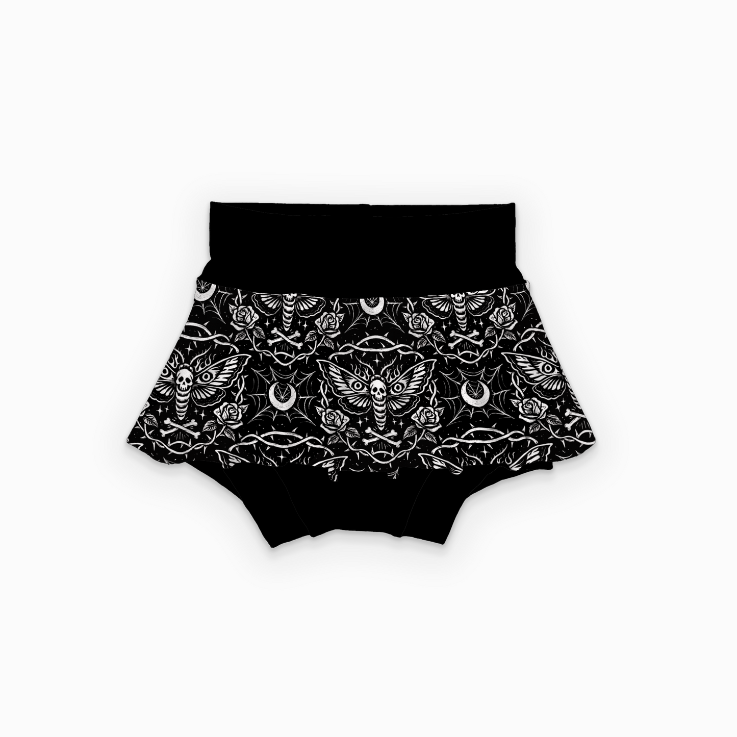 Black high-waisted bloomers with white floral and skull pattern. Handmade by My Spooky Baby. 