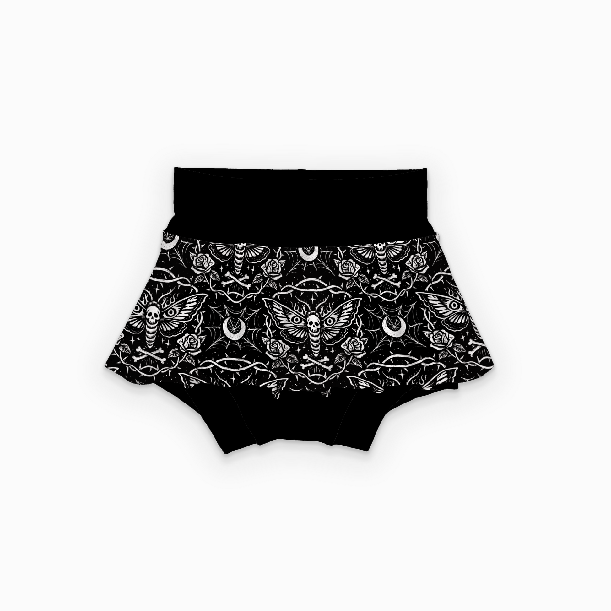 Black high-waisted bloomers with white floral and skull pattern. Handmade by My Spooky Baby. 