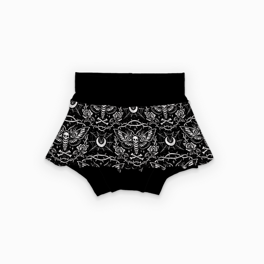 Black high-waisted bloomers with white floral and skull pattern. Handmade by My Spooky Baby. 
