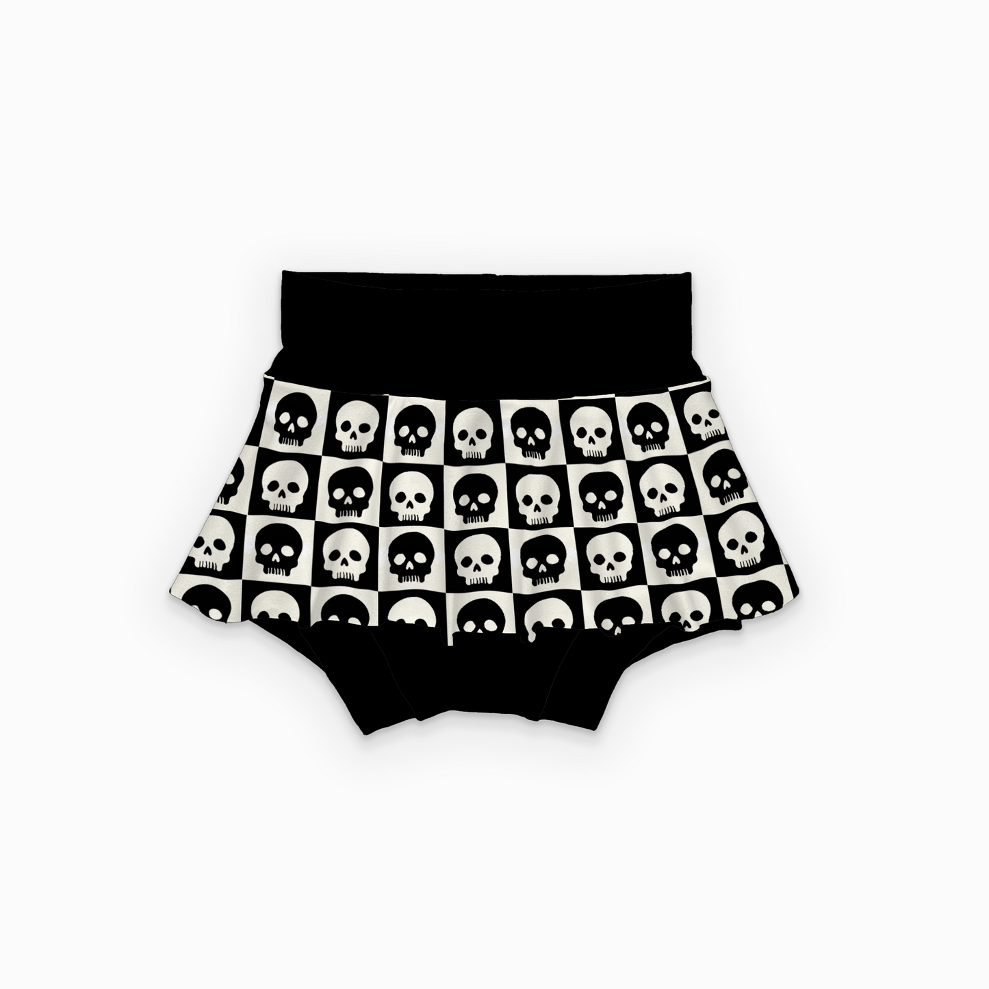 Black bloomers (skirted bummies) with a white checkered skull pattern