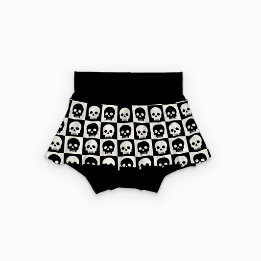 Black bloomers (skirted bummies) with a white checkered skull pattern