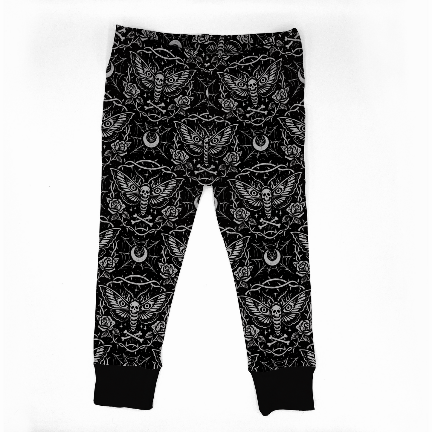 Goth baby leggings, black with white designs on it : dead head moth, roses, moons and spiderwebs. Black cuff at legs. Elastic at waistband. 
