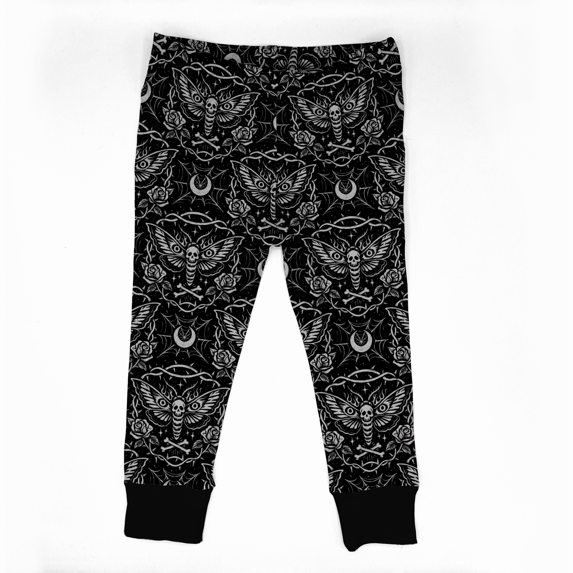 Goth baby leggings, black with white designs on it : dead head moth, roses, moons and spiderwebs. Black cuff at legs. Elastic at waistband. 
