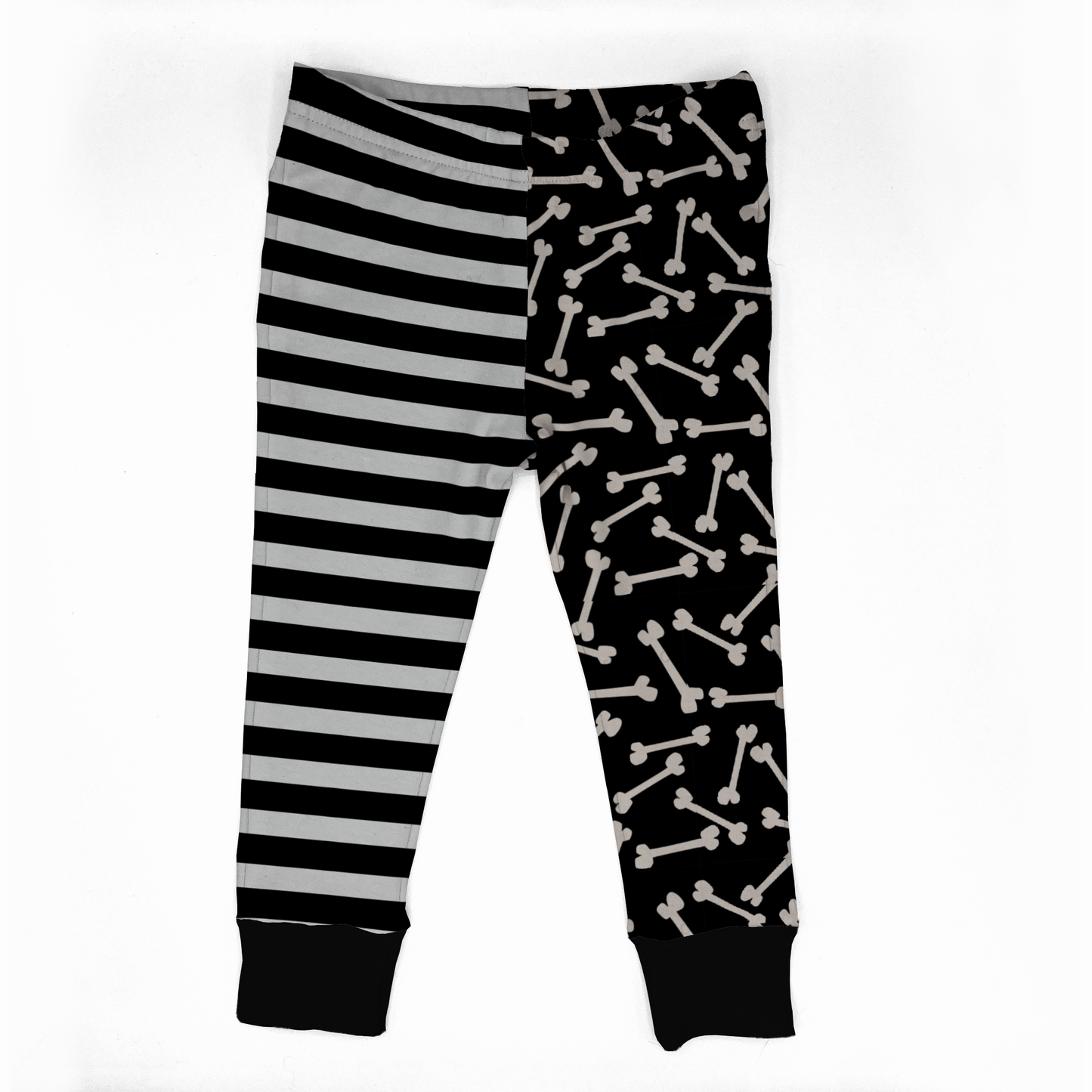 Goth baby leggings with one leg black and white striped, the other black with white skeleton bone. Handmade on demand by My Spooky Baby 