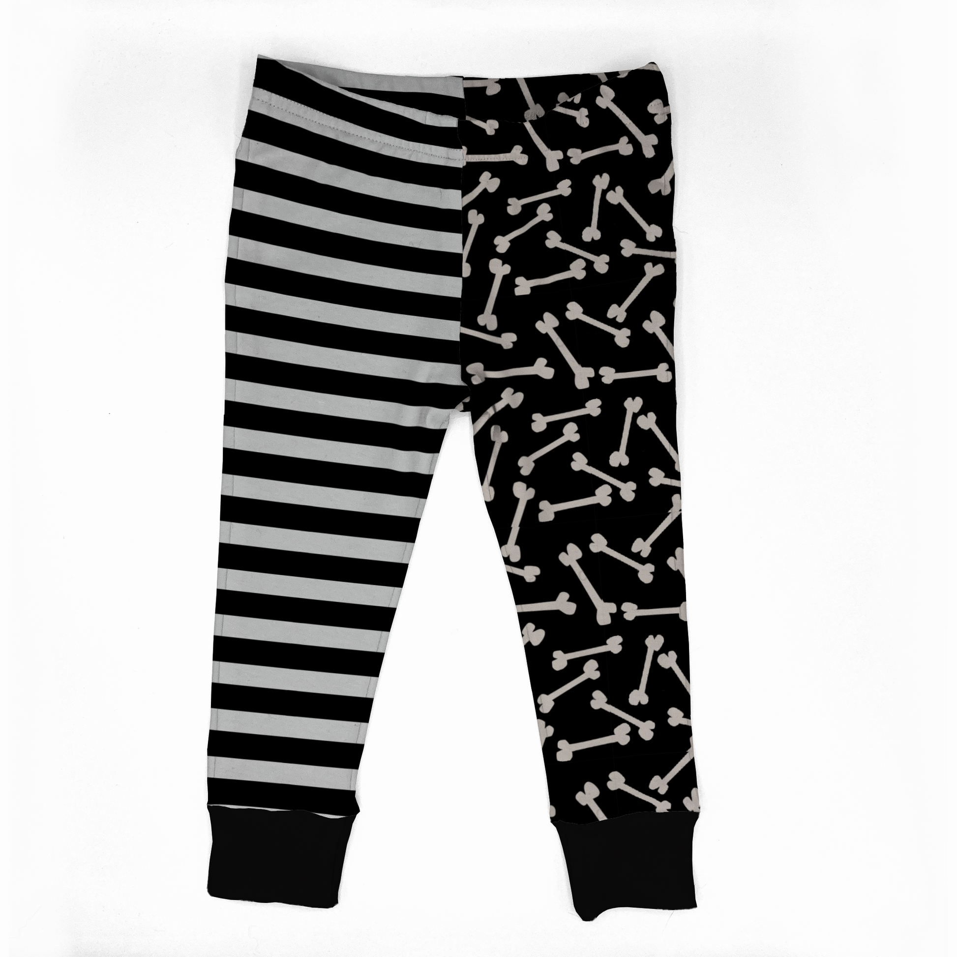 Goth baby leggings with one leg black and white striped, the other black with white skeleton bone. Handmade on demand by My Spooky Baby 