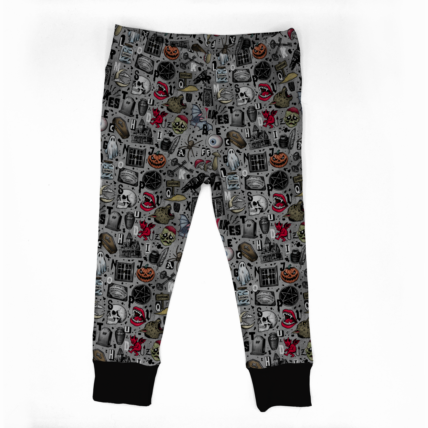 Halloween baby leggings grey with Spooky ABCs design : s for skulls, c for coffin, b for bats etc. 
Black cuffs at legs. 