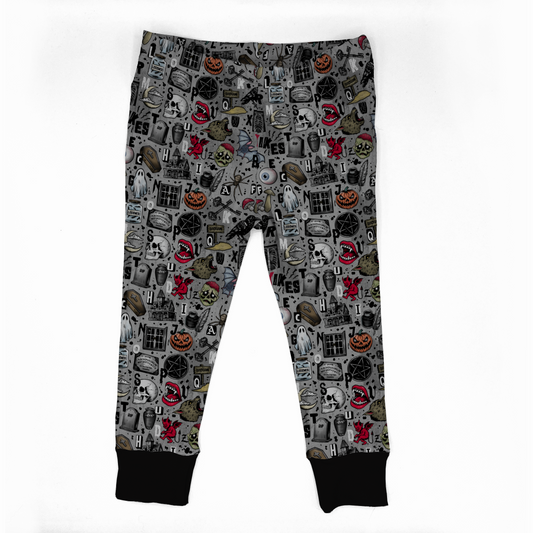 Halloween baby leggings grey with Spooky ABCs design : s for skulls, c for coffin, b for bats etc. 
Black cuffs at legs. 
