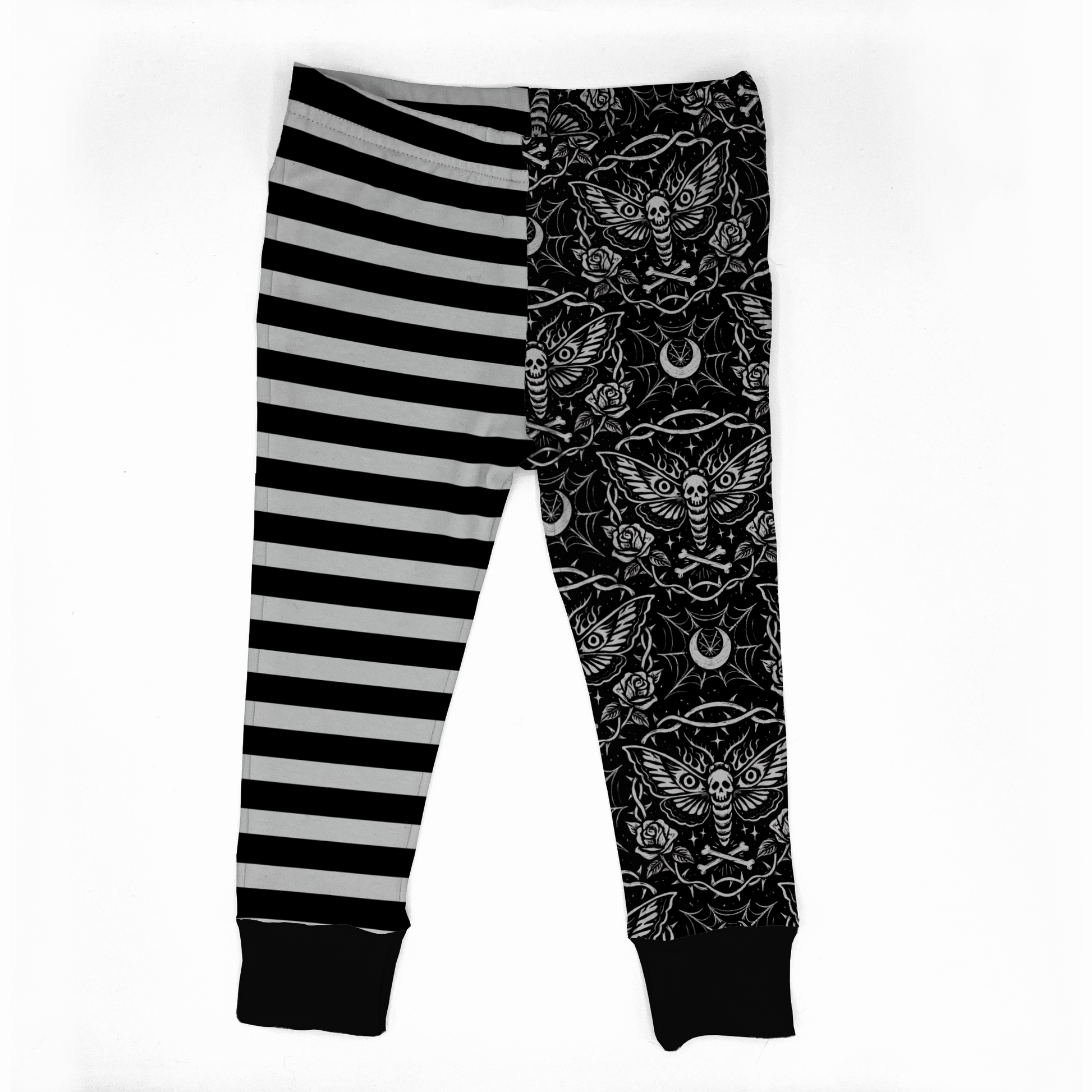 Goth baby leggings : one leg black and white striped the other black  with dead head moths bones and spiderwebs, handmade by my spooky baby. 