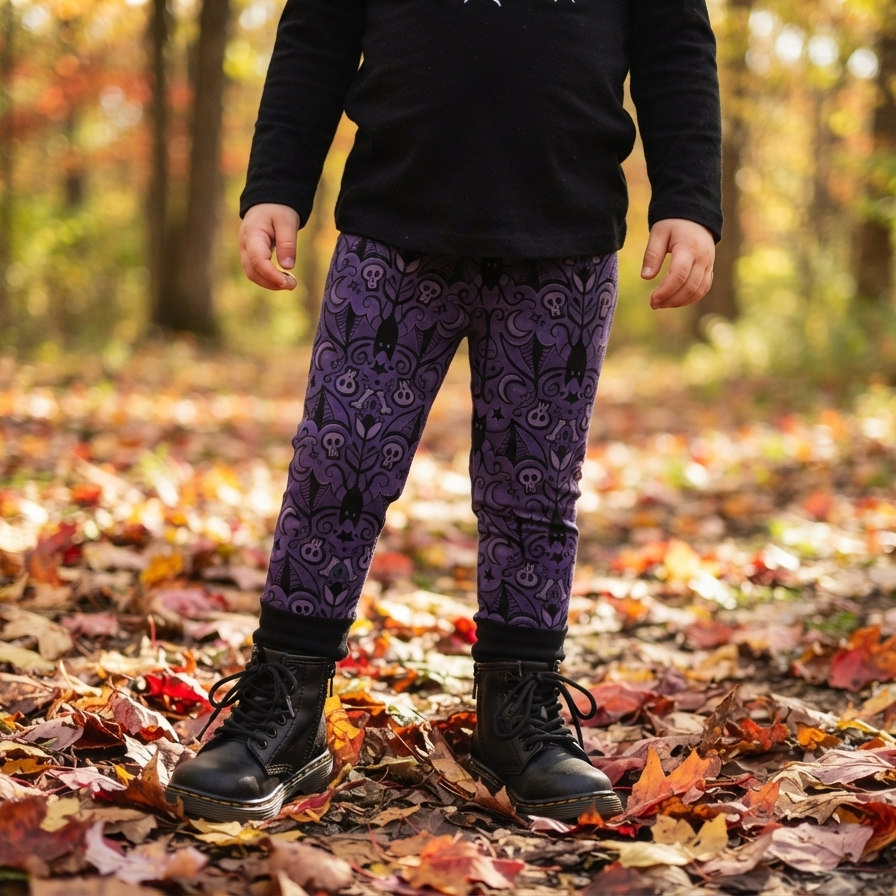 A child standing outdoors in a wooded area covered with fallen leaves, wearing purple patterned leggings, a black top, and black boots.