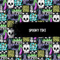 Colorful pattern with skulls and tiki elements on a black background, featuring the text 'Spooky Tiki'.